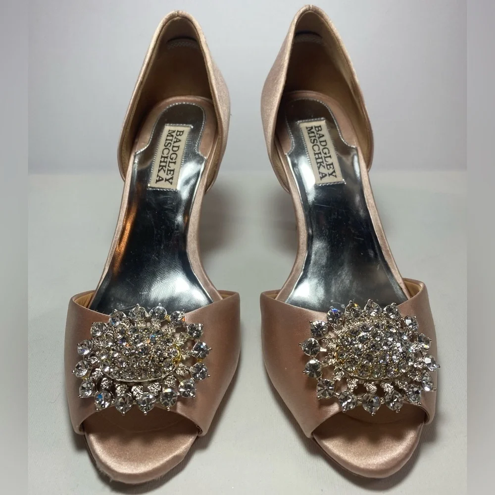 Badgley Mischka Women's Satin Peep-Toe Heels - Champagne with Crystal Features